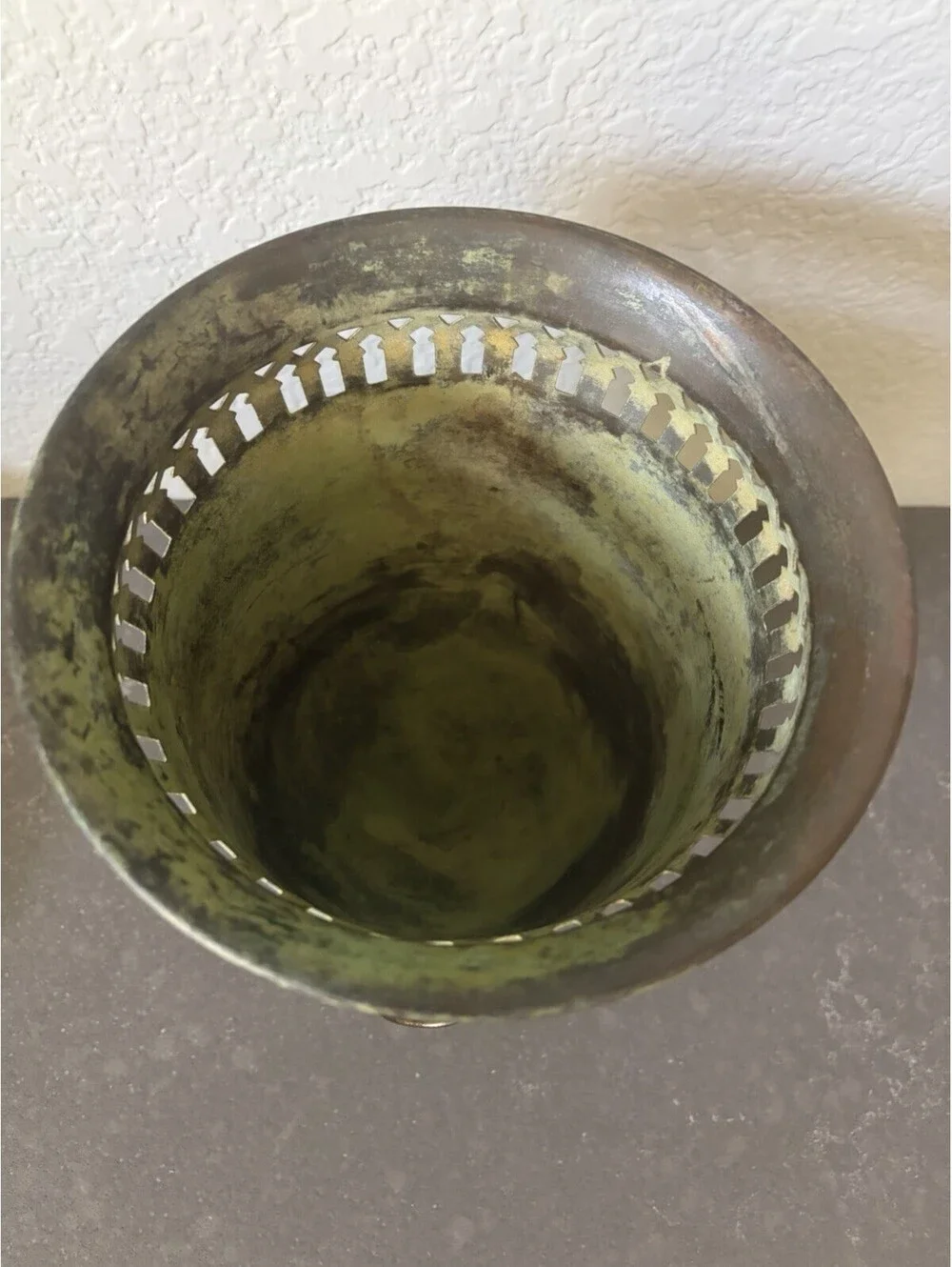 Vintage Brass Urn Planter Lion Head Handles Verdigris French Victorian Style
